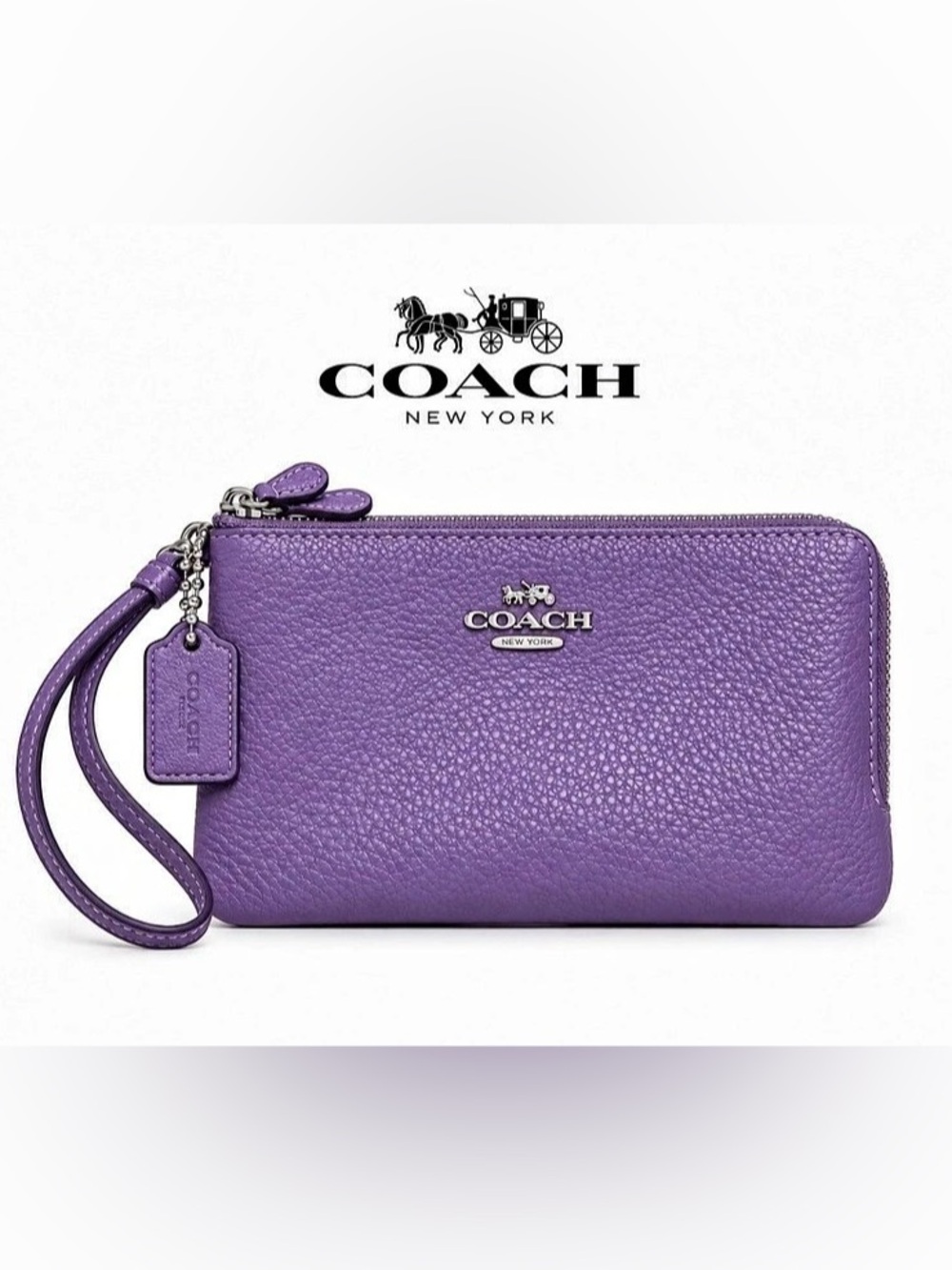 Coach Double Zip Wristlet in Refined Pebble Leather Purple